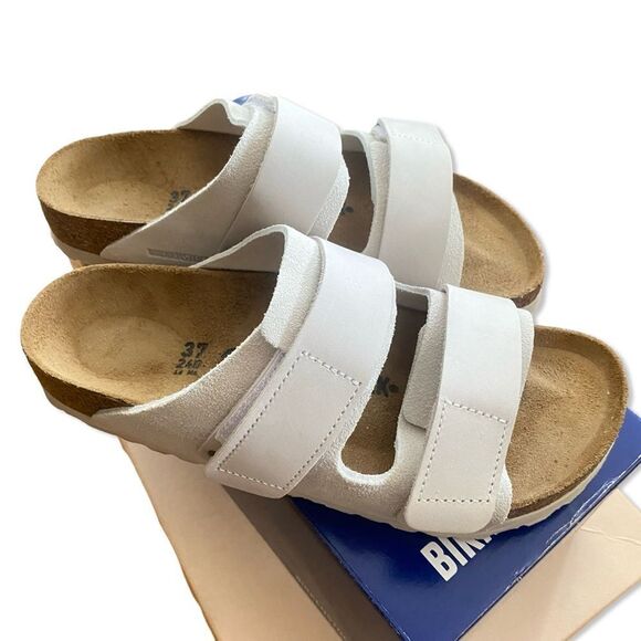 Birkenstock Uji sandals shoes white suede big buckle Arizona Revolve Sz 37 US 6 - Picture 1 of 8